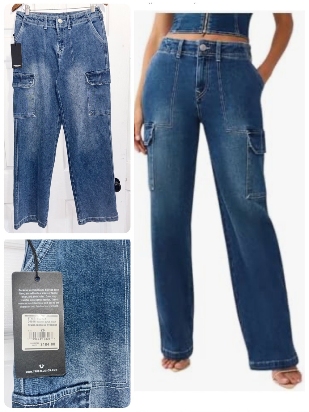 NWT TRUE RELIGION Women's Denim Cargo Jeans Straight Medium Blaze Wash Size 26